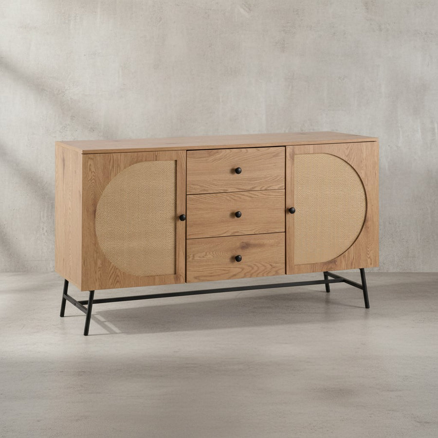 Sideboard 140x80x40 cm Kommode Eiche-Dekor mit Rattan Geflecht Modern - Hoher Kommodenschrank - Standschrank mit 2 Türen und 3 Schubladen - Anrichte Wohnzimmer_