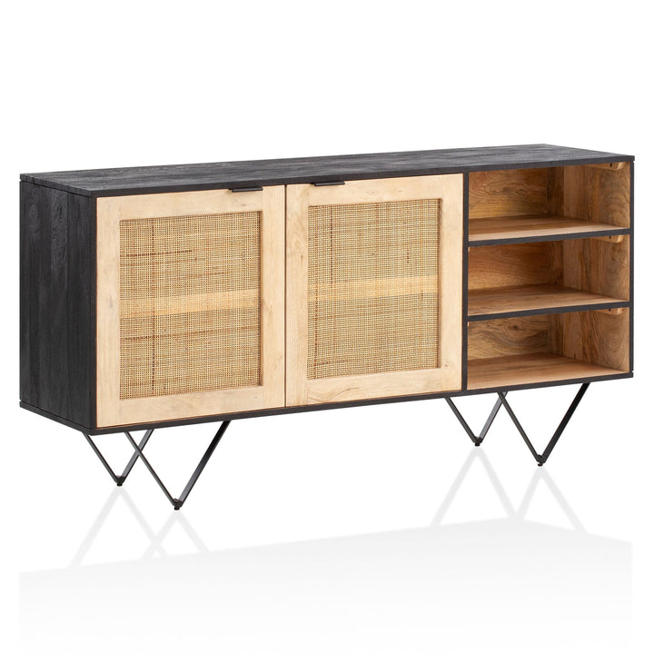 Sideboard – Mango Massivholz/Rattan, 145x75x40 cm, 2 Türen, schwarz/braun, mit Regal