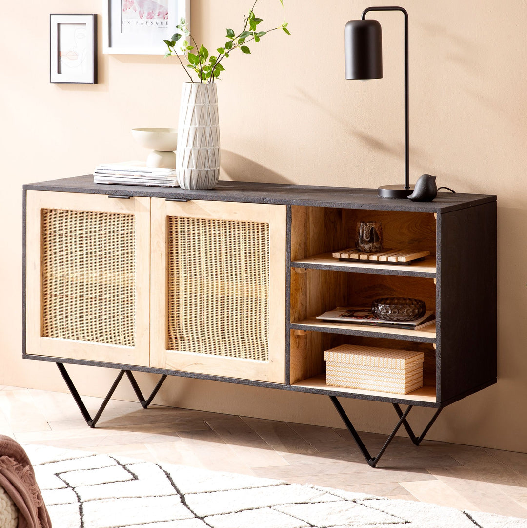 Sideboard – Mango Massivholz/Rattan, 145x75x40 cm, 2 Türen, schwarz/braun, mit Regal