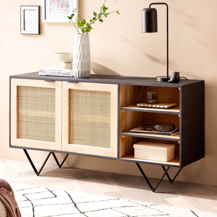 Sideboard – Mango Massivholz/Rattan, 145x75x40 cm, 2 Türen, schwarz/braun, mit Regal
