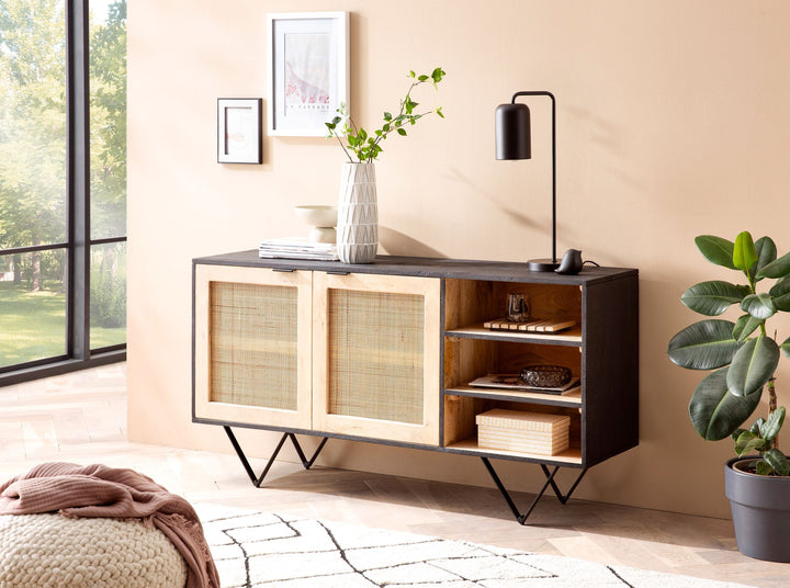 Sideboard – Mango Massivholz/Rattan, 145x75x40 cm, 2 Türen, schwarz/braun, mit Regal