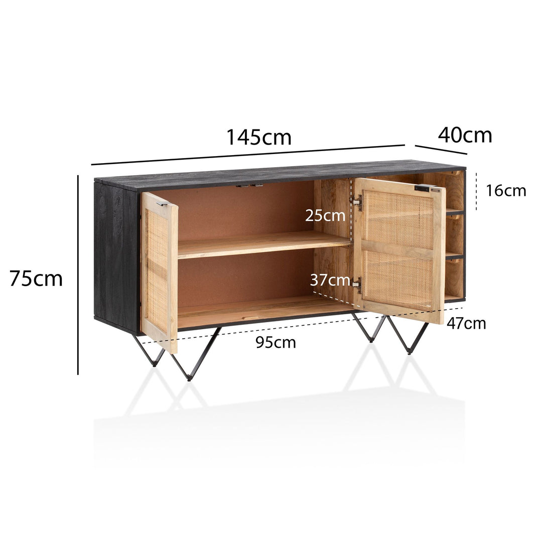 Sideboard – Mango Massivholz/Rattan, 145x75x40 cm, 2 Türen, schwarz/braun, mit Regal