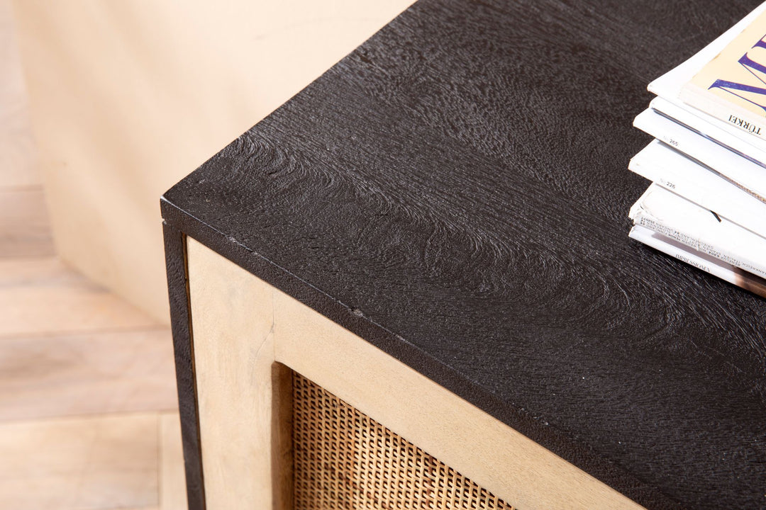 Sideboard – Mango Massivholz/Rattan, 145x75x40 cm, 2 Türen, schwarz/braun, mit Regal