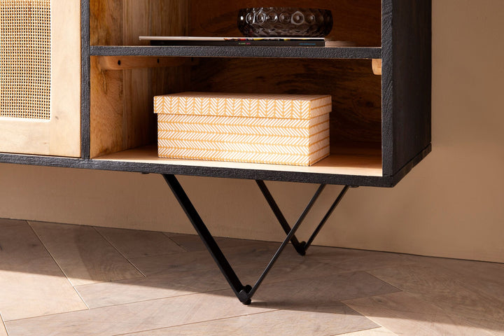 Sideboard – Mango Massivholz/Rattan, 145x75x40 cm, 2 Türen, schwarz/braun, mit Regal