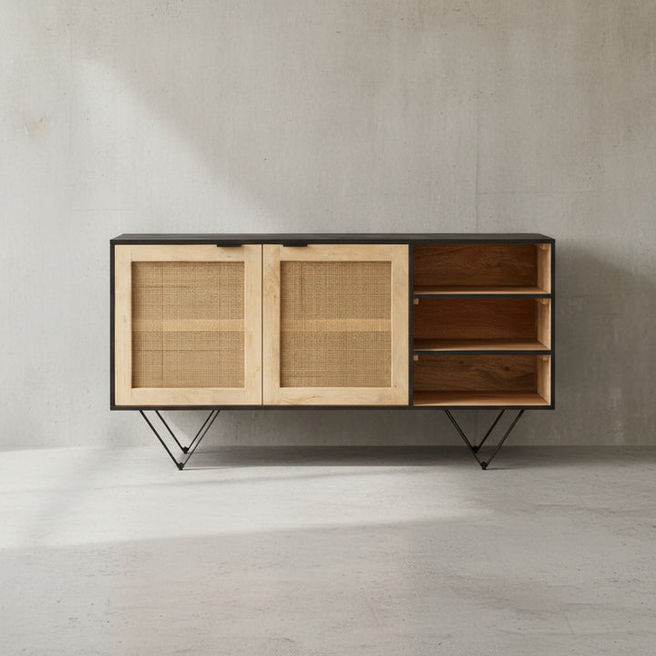 Sideboard 145x75x40 cm Mango Massivholz / Rattan Kommode mit 2 Türen - Hoher Kommodenschrank Schwarz / Braun - Standschrank Wohnzimmer mit Regal - Anrichte Rohrgeflecht_