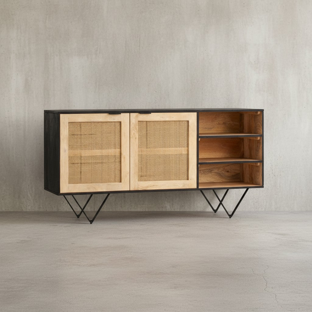 Sideboard 145x75x40 cm Mango Massivholz / Rattan Kommode mit 2 Türen - Hoher Kommodenschrank Schwarz / Braun - Standschrank Wohnzimmer mit Regal - Anrichte Rohrgeflecht_