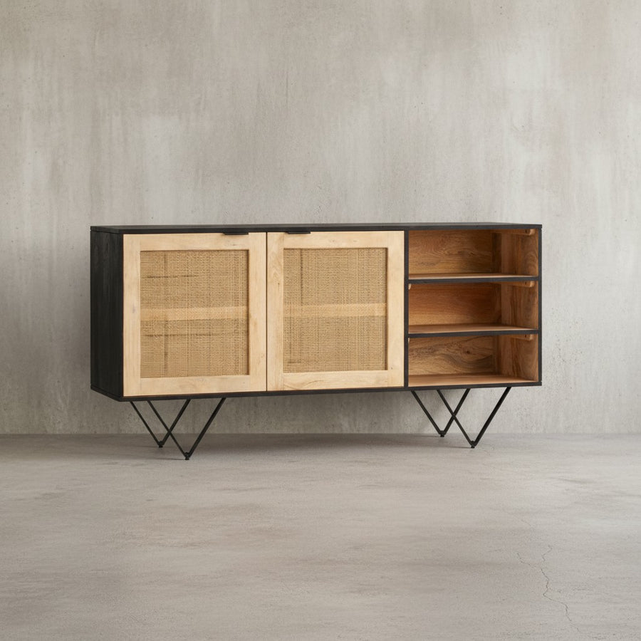Sideboard 145x75x40 cm Mango Massivholz / Rattan Kommode mit 2 Türen - Hoher Kommodenschrank Schwarz / Braun - Standschrank Wohnzimmer mit Regal - Anrichte Rohrgeflecht_