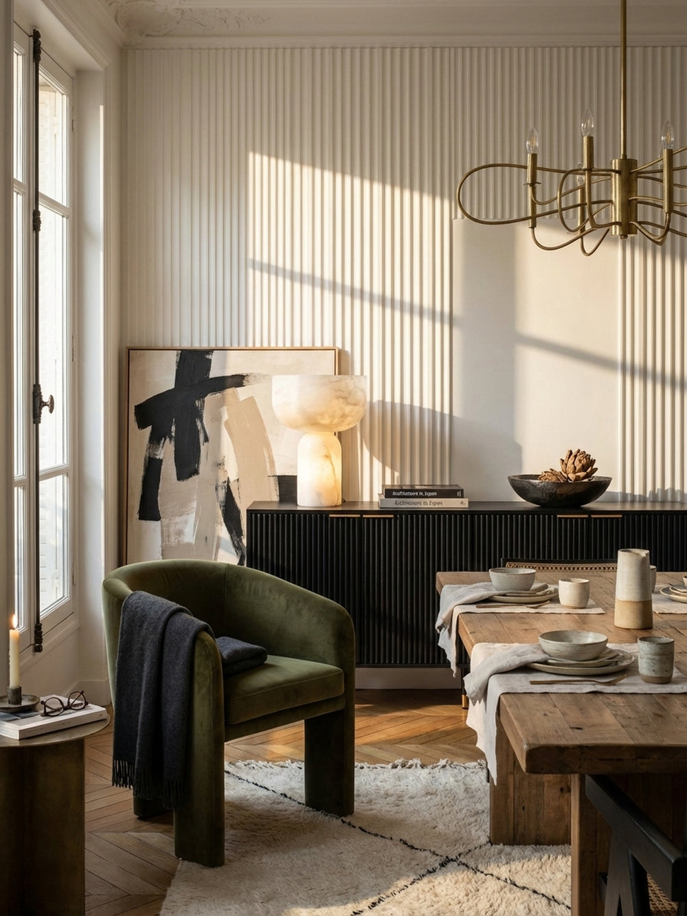Schwarzes Sideboard mit Lamellentüren und Goldakzenten als Mittelpunkt in einem modern-klassischen Wohnzimmer mit Fischgrätparkett und hoher Stuckdecke._