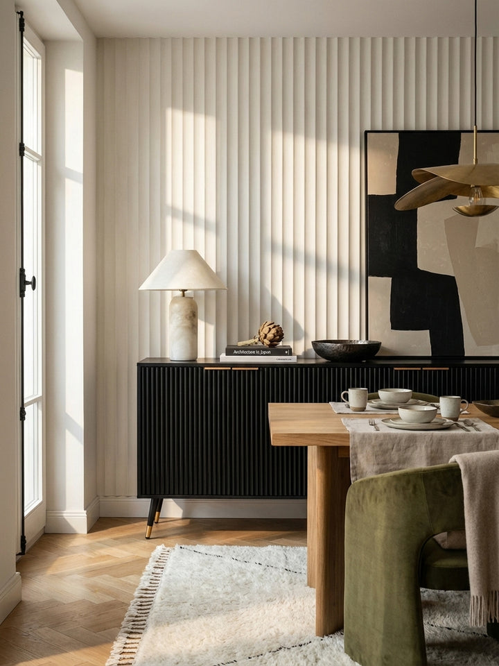 Das moderne Sideboard in Schwarz mit Goldgriffen kombiniert mit einem olivgrünen Samtsessel und einem Beistelltisch aus Messing._