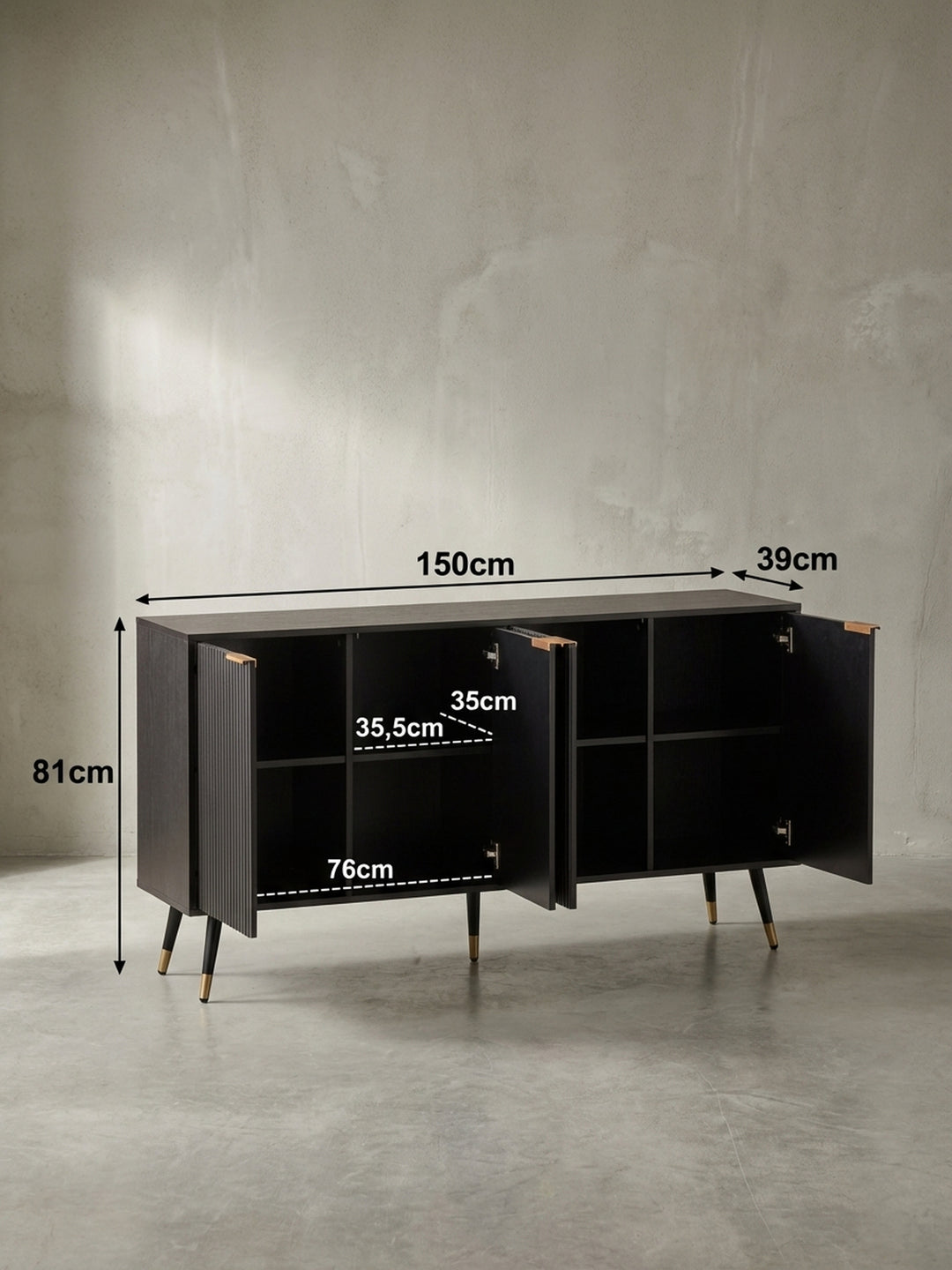 Technische Zeichnung des Sideboards mit genauen Maßen: Breite 150 cm, Höhe 81 cm, Tiefe 39 cm, für die exakte Raumplanung im Flur oder Wohnzimmer._