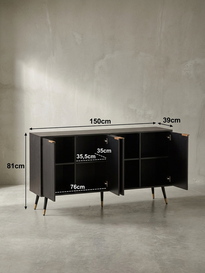 Technische Zeichnung des Sideboards mit genauen Maßen: Breite 150 cm, Höhe 81 cm, Tiefe 39 cm, für die exakte Raumplanung im Flur oder Wohnzimmer._