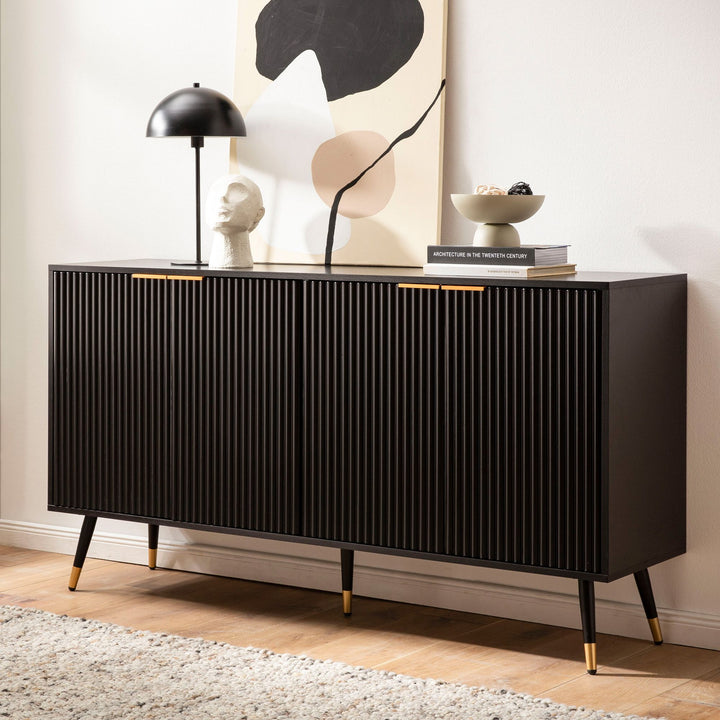 Sideboard – Schwarz/Eiche-Dekor, 150x81x39 cm, mit Türen, Metallbeine