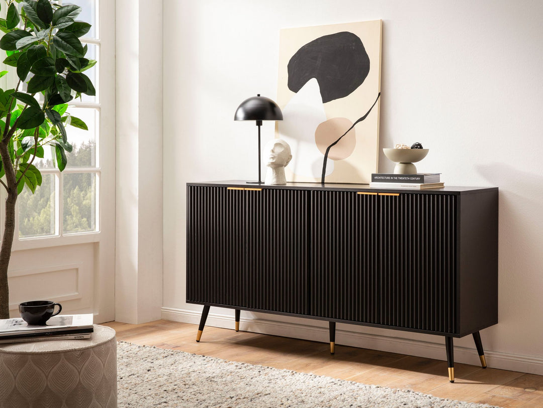 Sideboard – Schwarz/Eiche-Dekor, 150x81x39 cm, mit Türen, Metallbeine