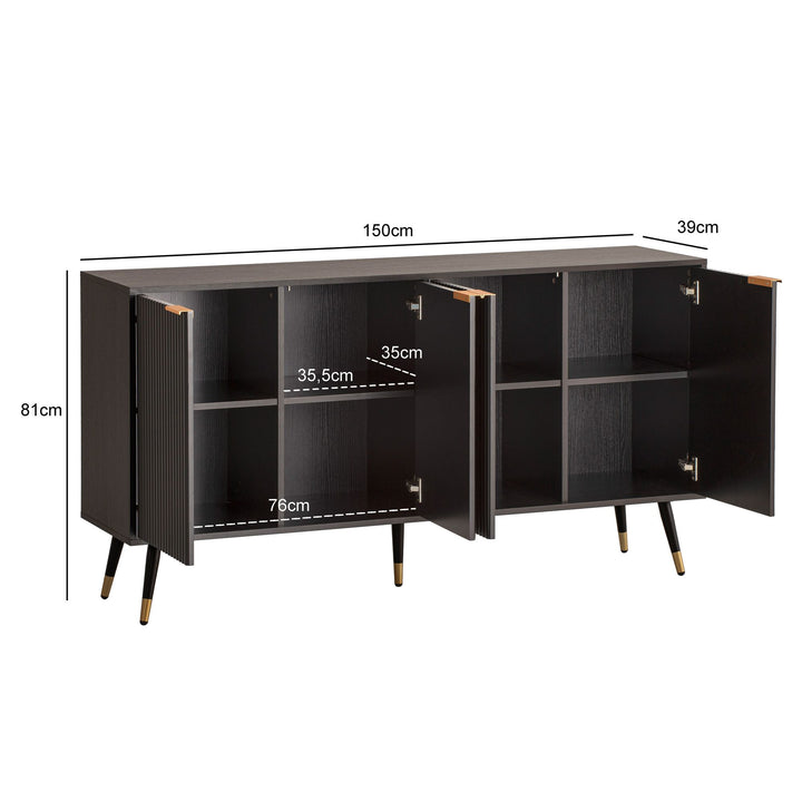 Sideboard – Schwarz/Eiche-Dekor, 150x81x39 cm, mit Türen, Metallbeine