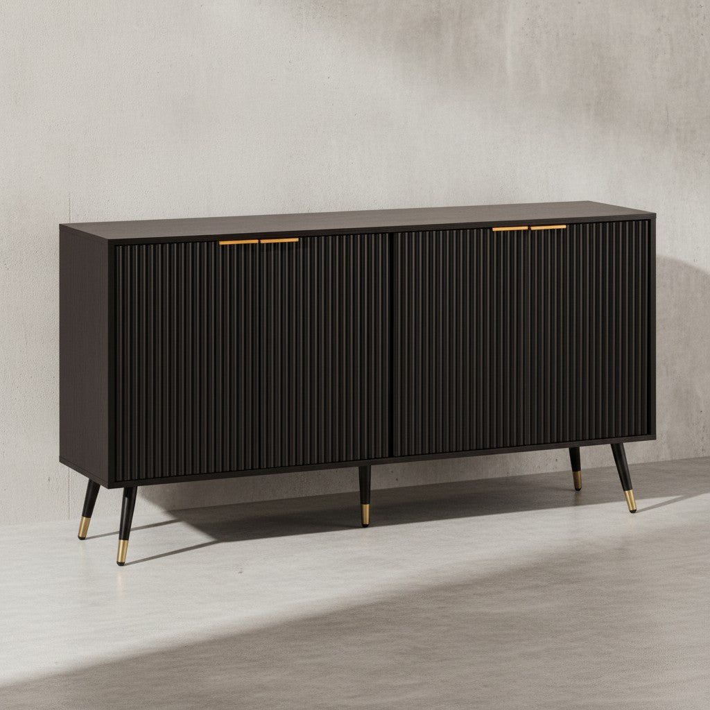 Sideboard 150x81x39 cm Anrichte Schwarz mit Eiche-Dekor - Kommode mit Türen - Kommodenschrank Flurschrank Modern - Standschrank Wohnzimmer Metallbeine_