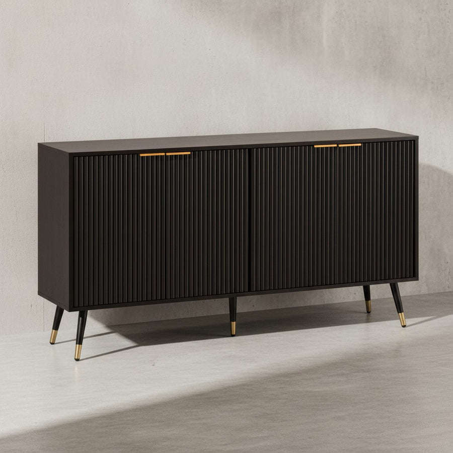 Sideboard 150x81x39 cm Anrichte Schwarz mit Eiche-Dekor - Kommode mit Türen - Kommodenschrank Flurschrank Modern - Standschrank Wohnzimmer Metallbeine_