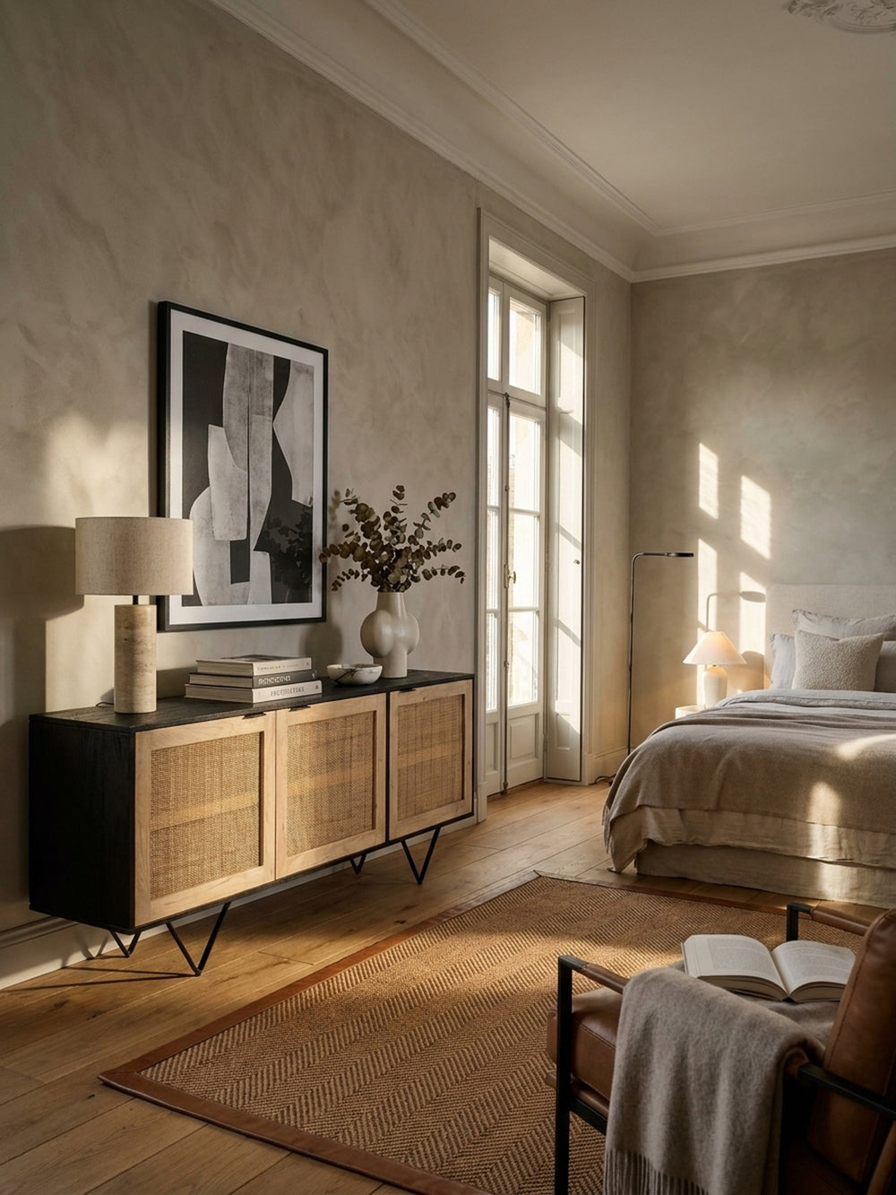 Großzügiges Wohnzimmer mit langem Sideboard aus schwarzem Mango Massivholz und hellem Rattan vor einer warmweißen Kalkwand auf Eichenparkett._