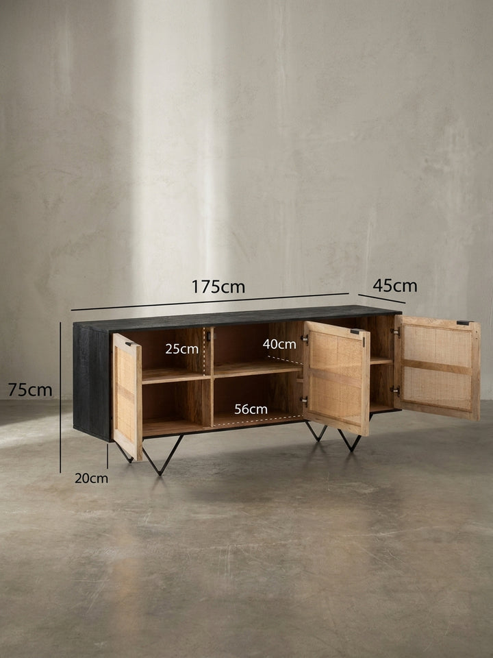 Technische Zeichnung des 175x75x45 cm Sideboards mit exakten Maßangaben der geöffneten Innenfächer und der 20 cm Bodenfreiheit._