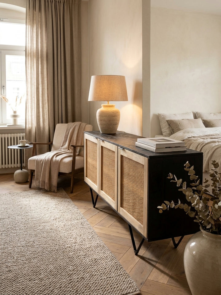 Kombination aus Rattan-Kommode und einem beigen Leinen-Sessel im lichtdurchfluteten Raum mit architektonischen Stuckdetails._