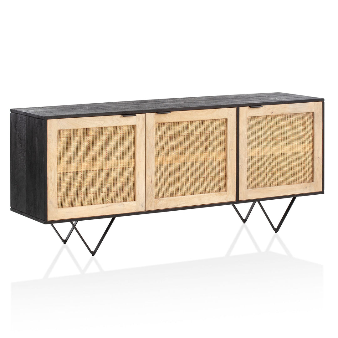 Sideboard – Mango Massivholz/Rattan, 175x75x45 cm, 3 Türen, schwarz/braun