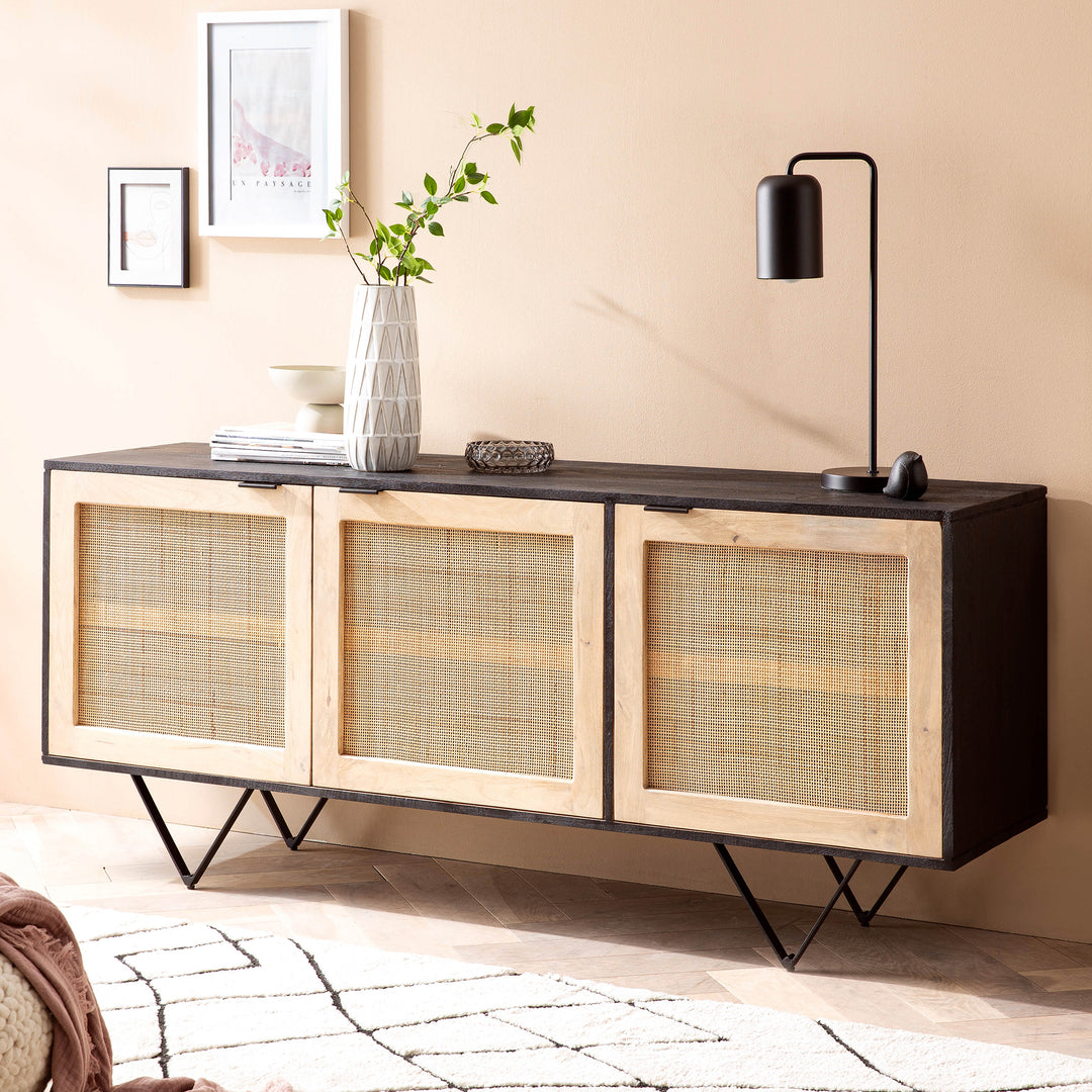 Sideboard – Mango Massivholz/Rattan, 175x75x45 cm, 3 Türen, schwarz/braun