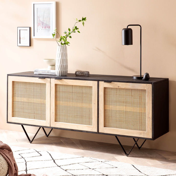 Sideboard – Mango Massivholz/Rattan, 175x75x45 cm, 3 Türen, schwarz/braun