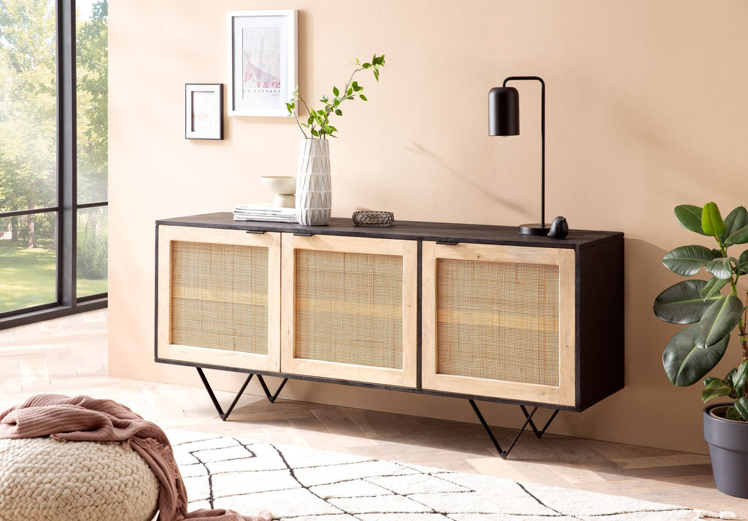 Sideboard – Mango Massivholz/Rattan, 175x75x45 cm, 3 Türen, schwarz/braun