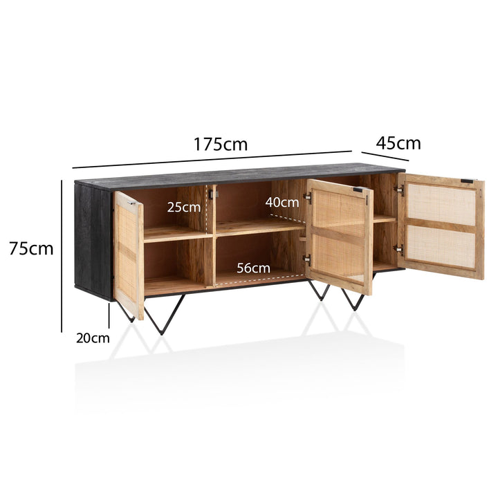 Sideboard – Mango Massivholz/Rattan, 175x75x45 cm, 3 Türen, schwarz/braun