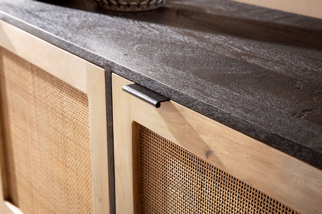 Sideboard – Mango Massivholz/Rattan, 175x75x45 cm, 3 Türen, schwarz/braun