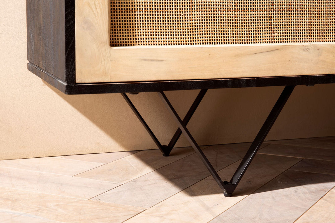 Sideboard – Mango Massivholz/Rattan, 175x75x45 cm, 3 Türen, schwarz/braun