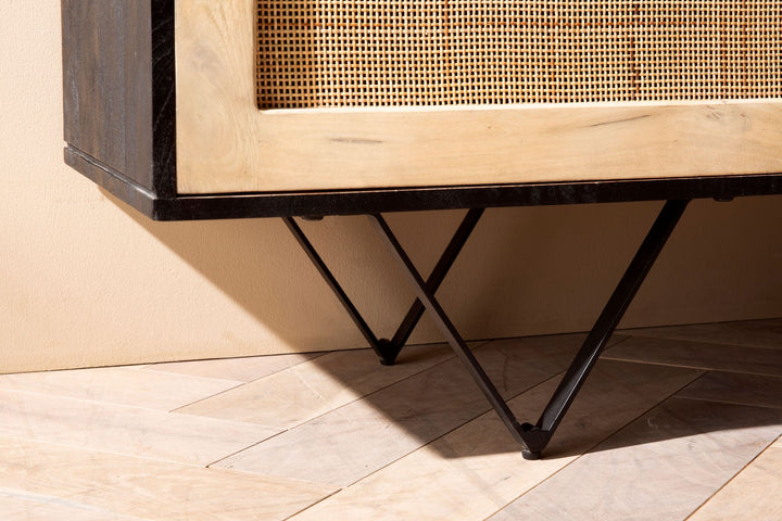 Sideboard – Mango Massivholz/Rattan, 175x75x45 cm, 3 Türen, schwarz/braun