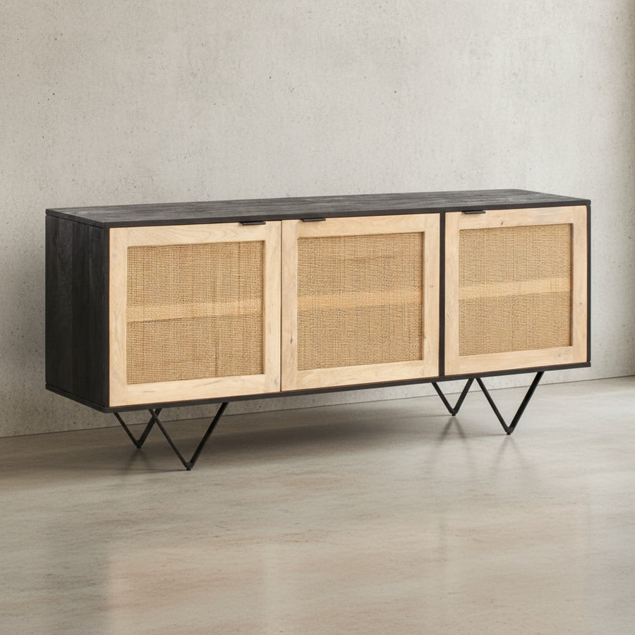 Sideboard 175x75x45 cm Mango Massivholz / Rattan Kommode mit 3 Türen - Hoher Kommodenschrank Schwarz / Braun - Standschrank Wohnzimmer - Anrichte Rohrgeflecht_