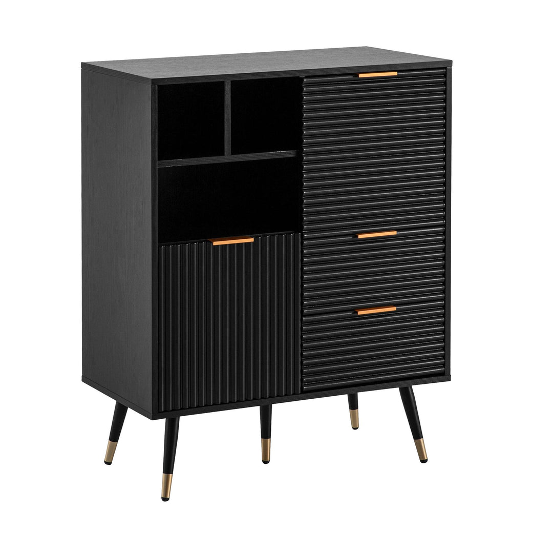 Sideboard – Schwarz/Eiche-Dekor, 77x97x40 cm, mit Türen, Schubladen, Regal, Metallbeine