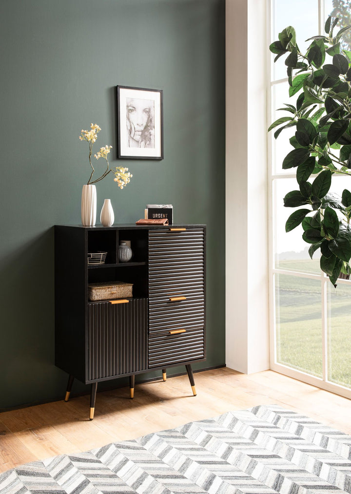Sideboard – Schwarz/Eiche-Dekor, 77x97x40 cm, mit Türen, Schubladen, Regal, Metallbeine
