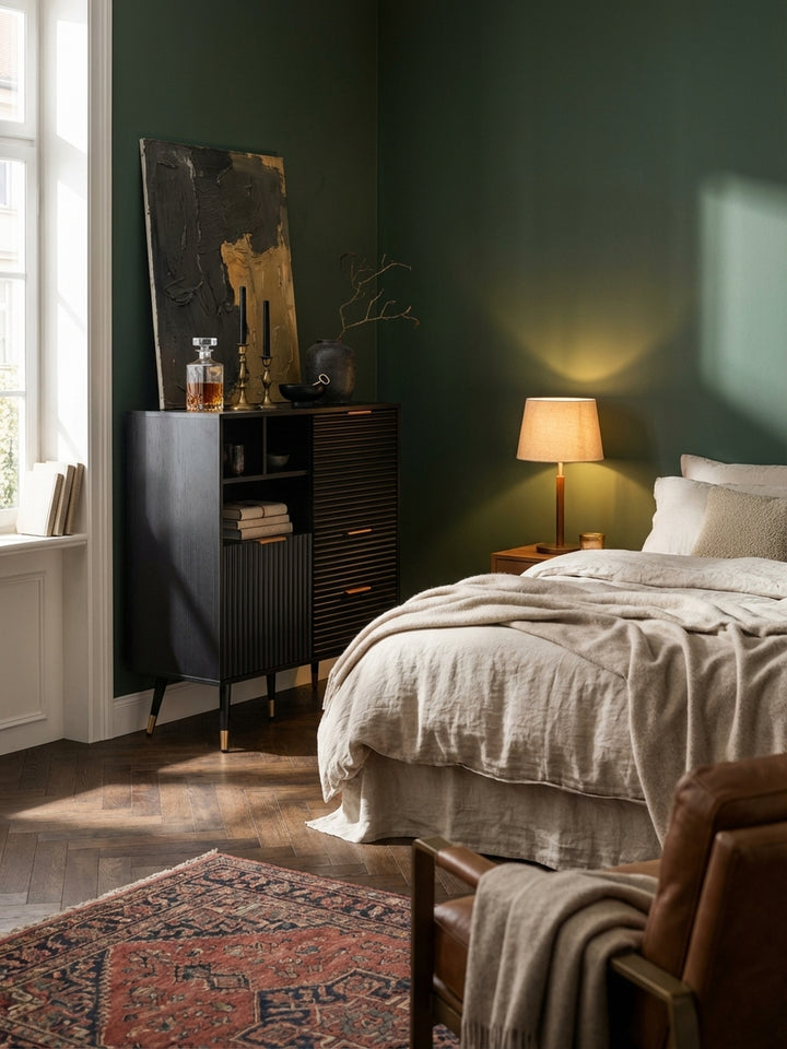 Das moderne schwarze Sideboard mit goldfarbenen Griffen wird mit einem dunkelgrünen Samtsofa und einem Couchtisch aus Travertin zu einer stilvollen Einheit kombiniert._