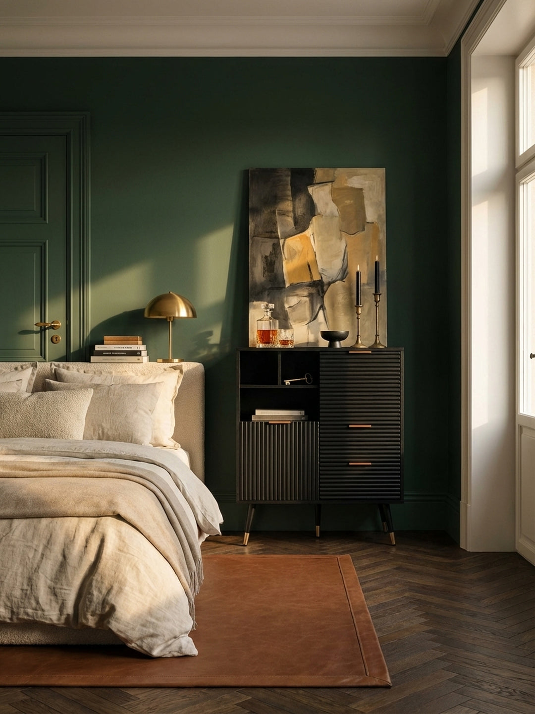 Die schwarze Kommode mit geriffelten Fronten und Goldgriffen steht in einem Art-déco-Wohnzimmer vor einer dunkelgrünen Wand, beleuchtet von einem Messing-Kronleuchter._