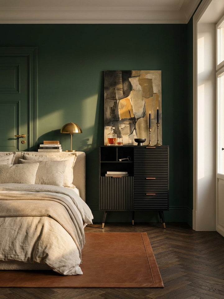 Die schwarze Kommode mit geriffelten Fronten und Goldgriffen steht in einem Art-déco-Wohnzimmer vor einer dunkelgrünen Wand, beleuchtet von einem Messing-Kronleuchter._
