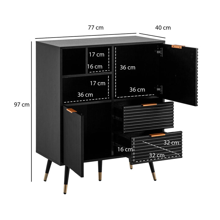 Sideboard – Schwarz/Eiche-Dekor, 77x97x40 cm, mit Türen, Schubladen, Regal, Metallbeine