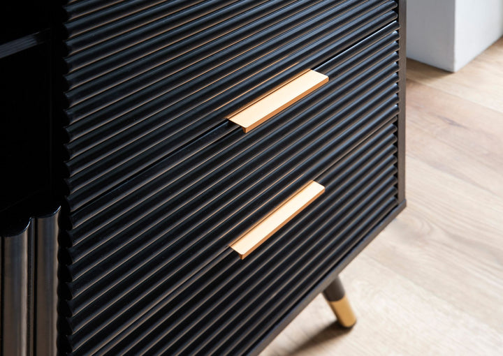 Sideboard – Schwarz/Eiche-Dekor, 77x97x40 cm, mit Türen, Schubladen, Regal, Metallbeine