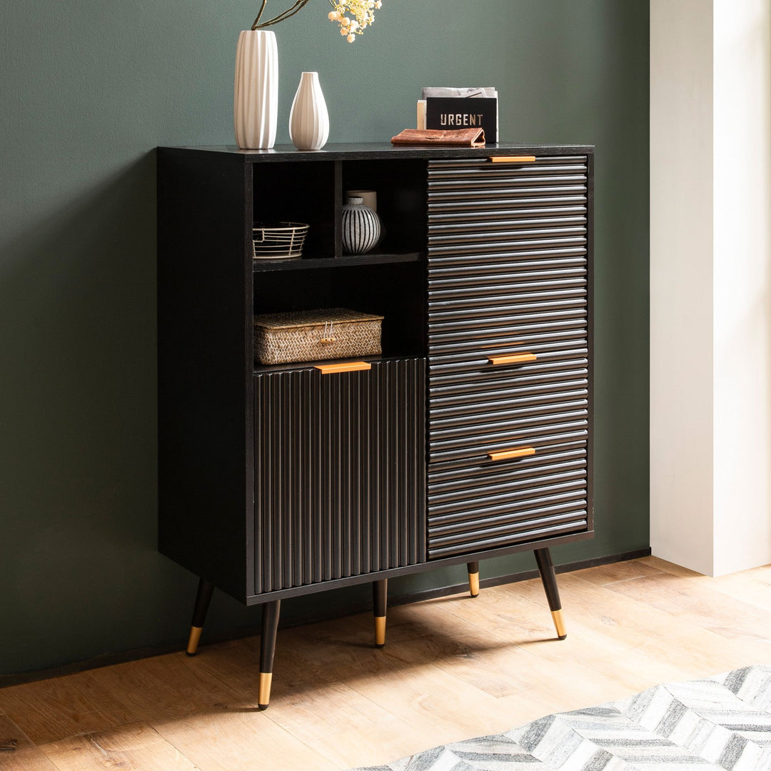 Sideboard – Schwarz/Eiche-Dekor, 77x97x40 cm, mit Türen, Schubladen, Regal, Metallbeine