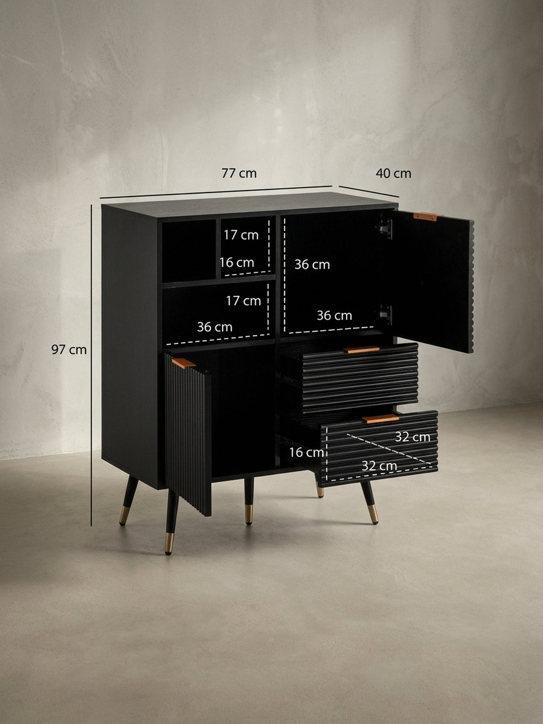 Technische Zeichnung der schwarzen Kommode mit allen exakten Maßen (Höhe 97 cm, Breite 77 cm, Tiefe 40 cm) für die präzise Einrichtungsplanung im Flur oder Wohnzimmer._