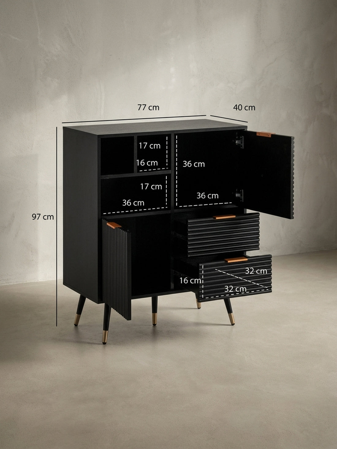 Maßzeichnung Sideboard – Schwarz/Eiche-Dekor, 77x97x40 cm, mit Türen, Schubladen, Regal, Metallbeine