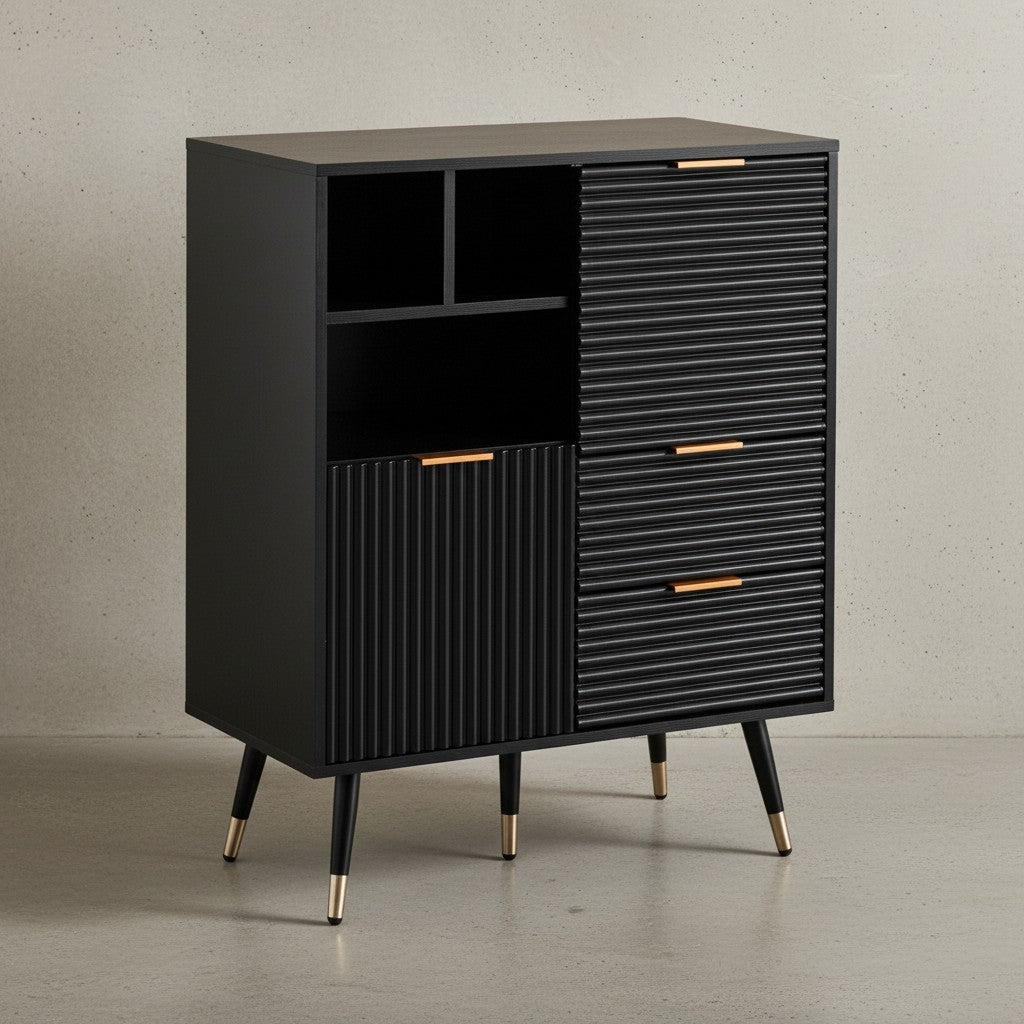 Sideboard 77x97x40 cm Anrichte Schwarz mit Eiche-Dekor - Kommode mit Türen und Schubladen - Kommodenschrank Flurschrank mit Regal Modern - Standschrank Wohnzimmer Metallbeine_