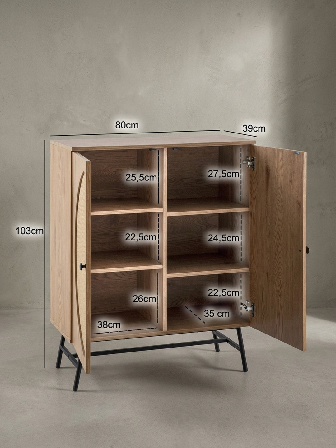 Technische Zeichnung des Highboards mit allen Maßen: Höhe 103 cm, Breite 80 cm, Tiefe 39 cm, zur Planung des Wohnraums._
