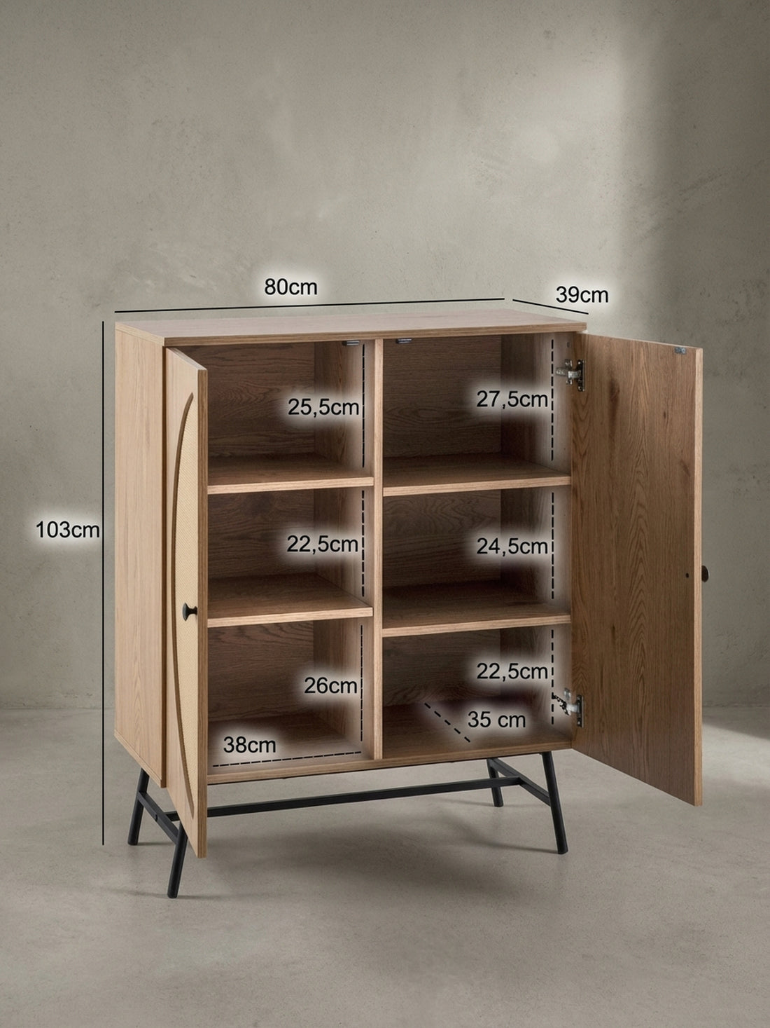 Maßzeichnung Sideboard – Eiche-Dekor/Rattan, 80x103x39 cm, 2 Türen, hoch