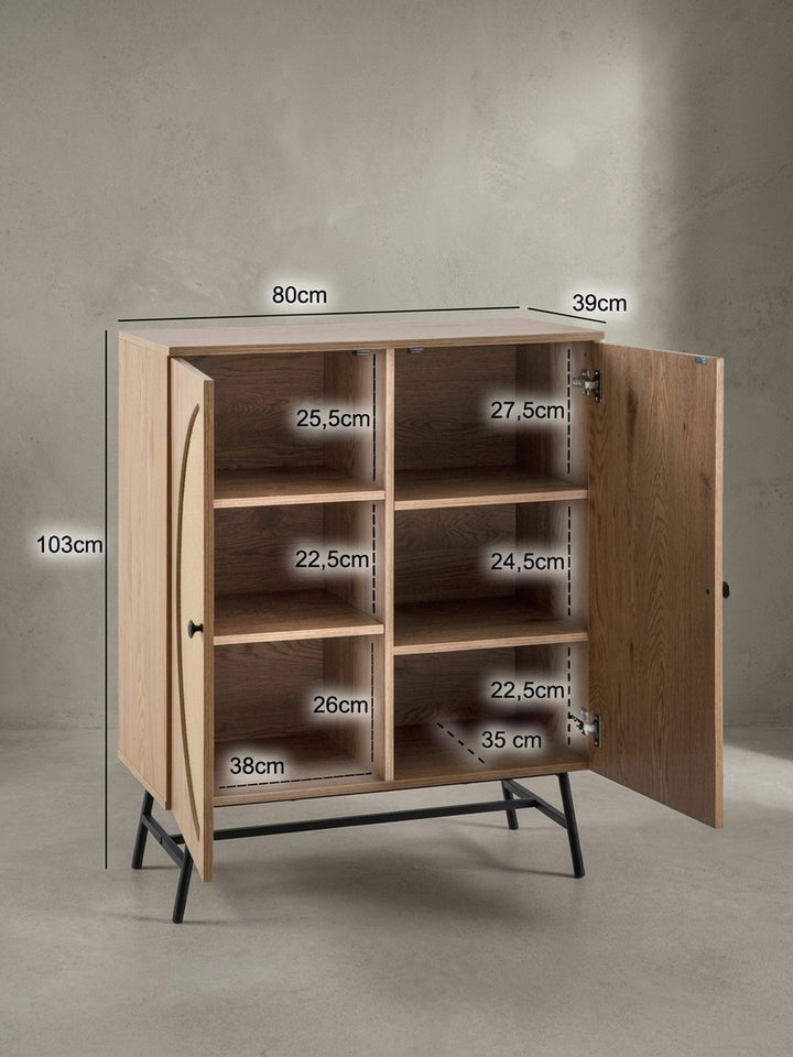 Technische Zeichnung des Highboards mit allen Maßen: Höhe 103 cm, Breite 80 cm, Tiefe 39 cm, zur Planung des Wohnraums._