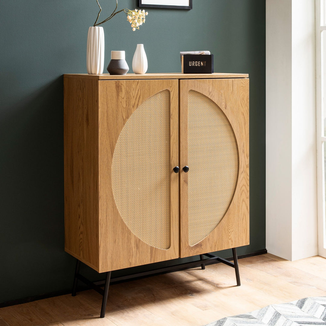 Sideboard – Eiche-Dekor/Rattan, 80x103x39 cm, 2 Türen, hoch