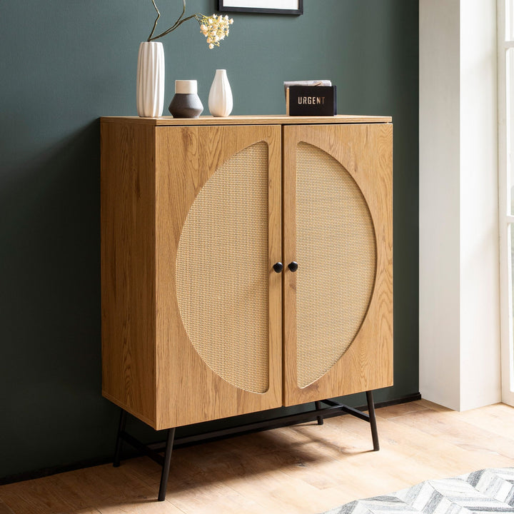 Sideboard – Eiche-Dekor/Rattan, 80x103x39 cm, 2 Türen, hoch
