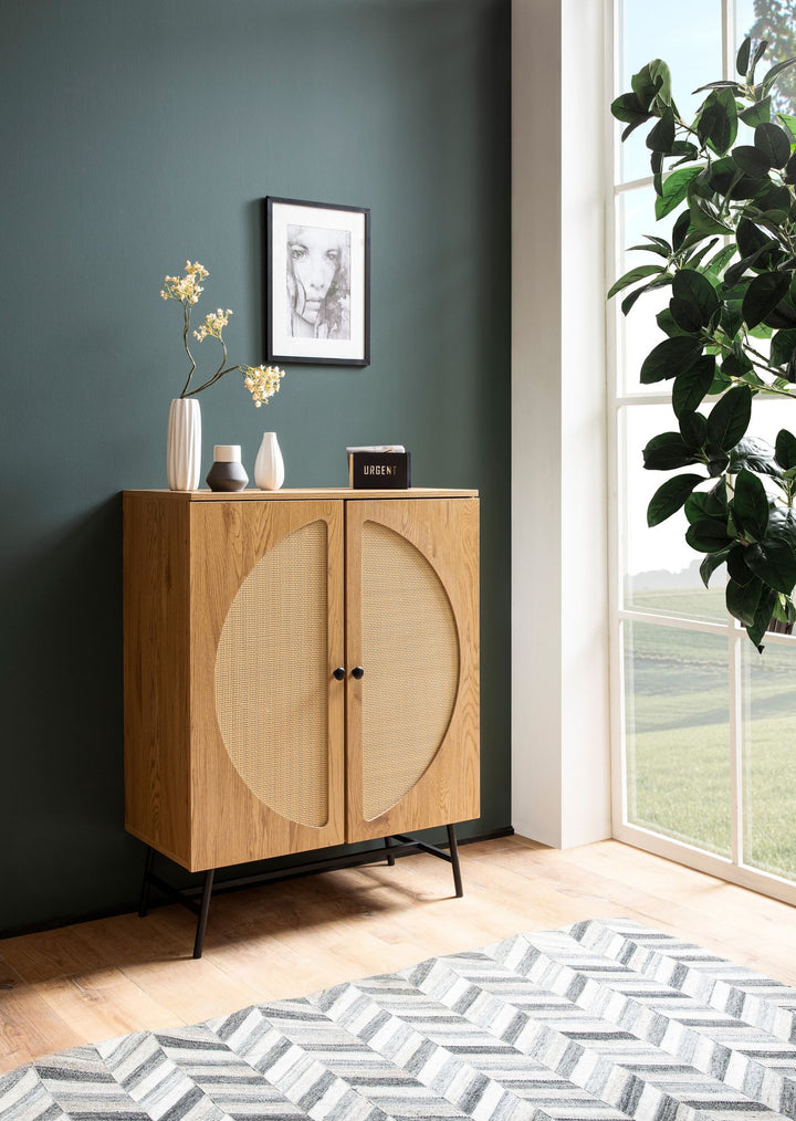 Sideboard – Eiche-Dekor/Rattan, 80x103x39 cm, 2 Türen, hoch