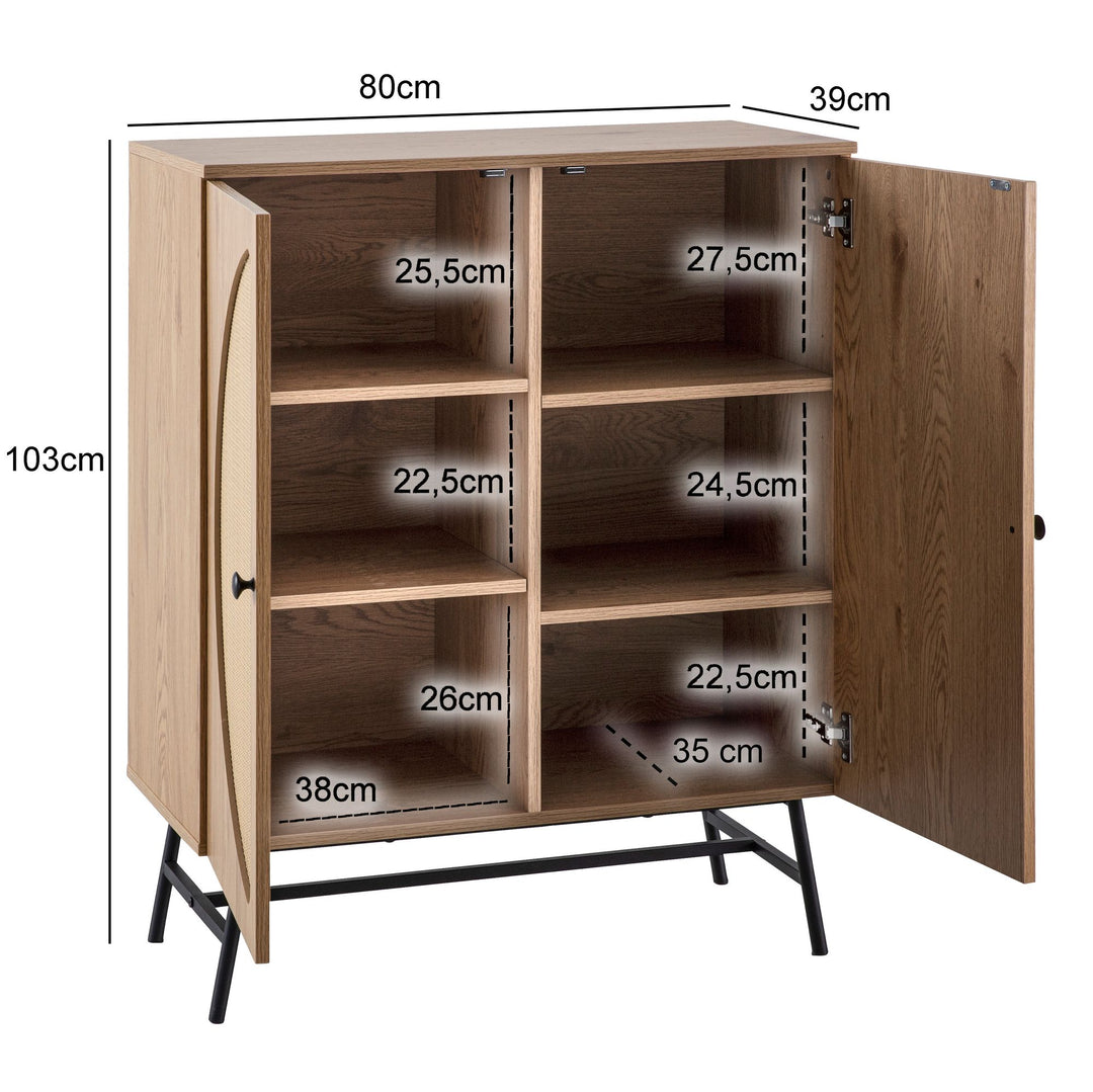 Sideboard – Eiche-Dekor/Rattan, 80x103x39 cm, 2 Türen, hoch